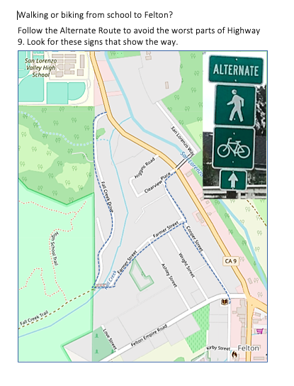 Image of Alternative Safe Routes from downtown Felton to tri-campus
